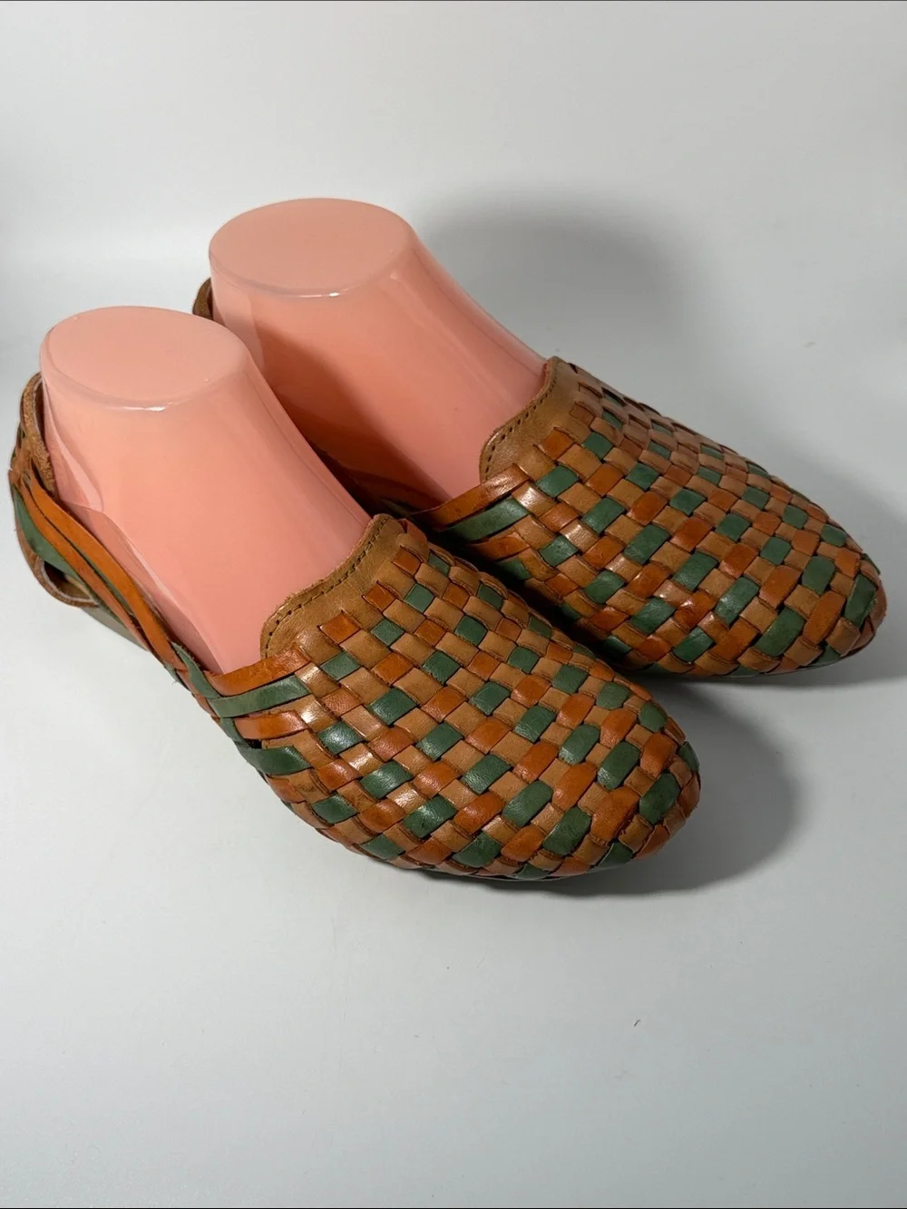 D’Arte Tan/Green Woven Leather Slip-on Shoes Sz 7